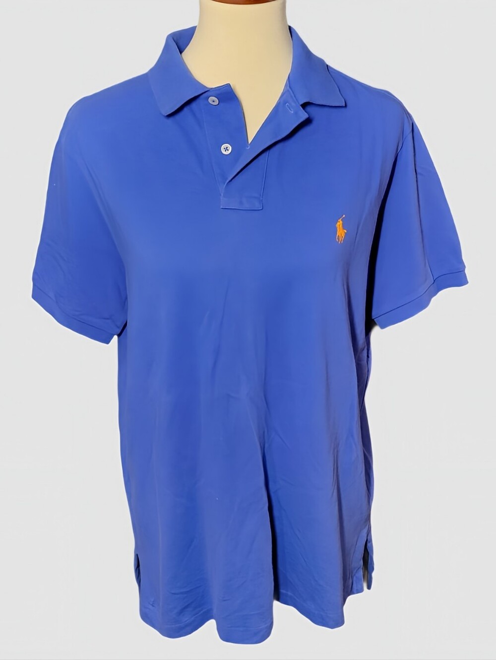 Vtg Ralph Lauren Men's Blue Polo Shirt Custom Fit Short Sleeve Orange Pony Sz L